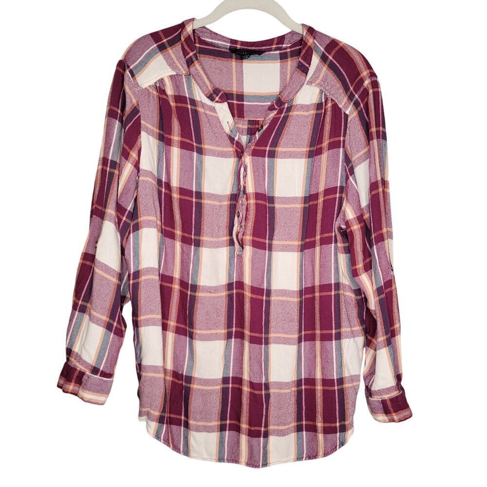 Jane and Delancey shirt women's size 2X maroon white plaid popover‎ roll tab l/s